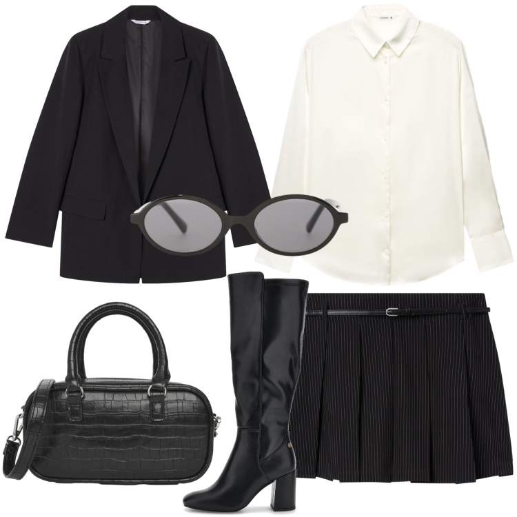 Outfit donna - Iconic Business Woman. Stile Trendy per Ufficio. Abbinamento con camicie, minigonne, blazer, borse a tracolla, occhiali da sole, stivali sopra il ginocchio.
