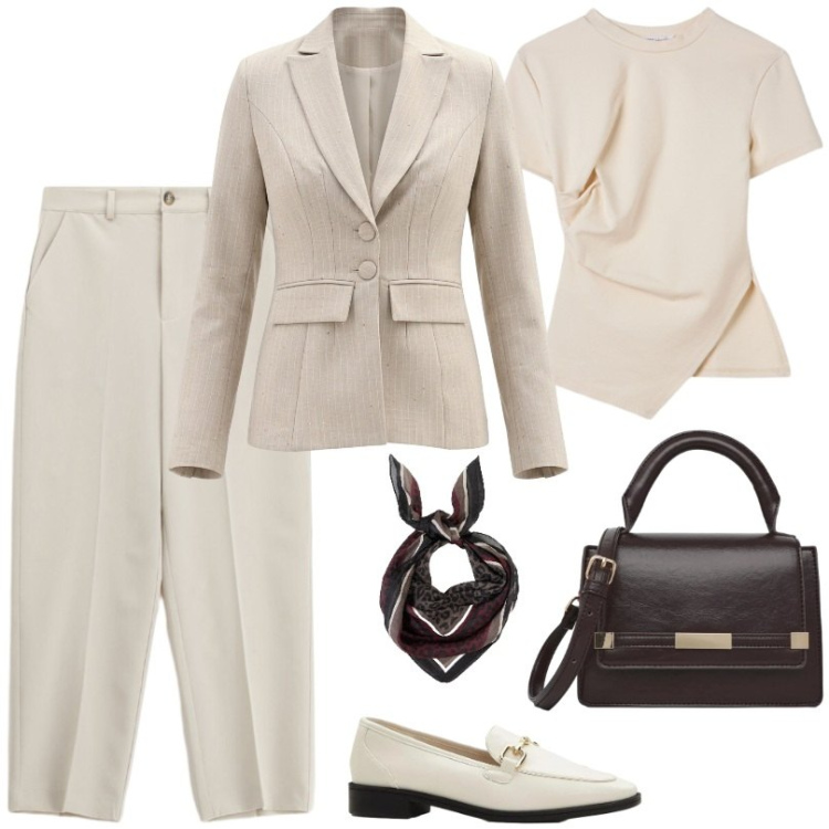 Outfit donna - Ufficio in beige. Stile Casual per Ufficio. Abbinamento con mocassini, foulard, borse a tracolla, t-shirt, blazer, pantaloni.