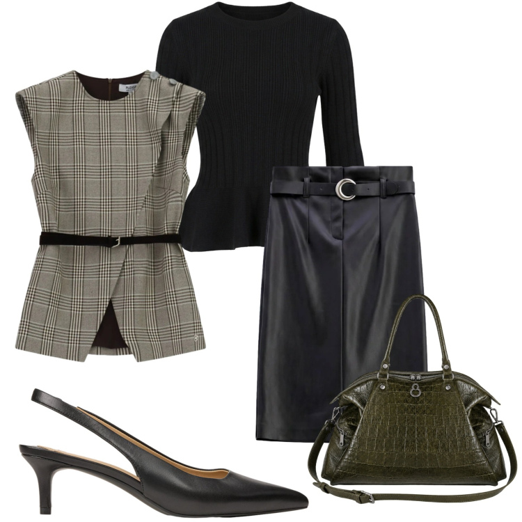 Outfit donna - Iconic business woman. Stile Casual chic per Ufficio. Abbinamento con gonne longuette, gilet, maglieria, shopping bag, décolleté.