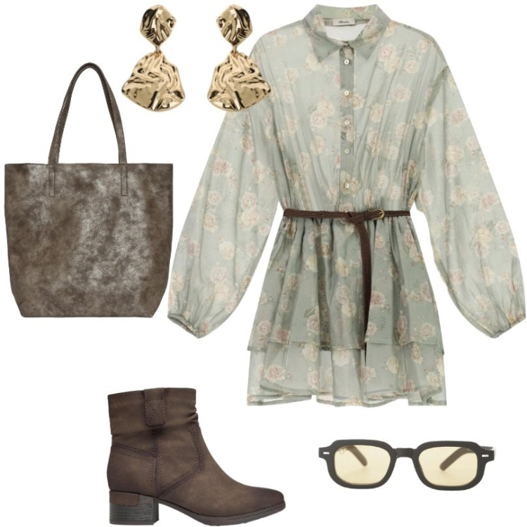 Outfit donna - Vestitino romantico e dettagli autunnali. Stile Urban per Tutti i giorni. Abbinamento con stivaletti, shopping bag, occhiali da sole, orecchini, vestiti corti.