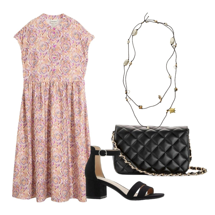 Outfit donna - Compleanno di pomeriggio. Stile Romantica per Tutti i giorni. Abbinamento con vestiti midi/longuette, sandali col tacco, borse a tracolla, collane.