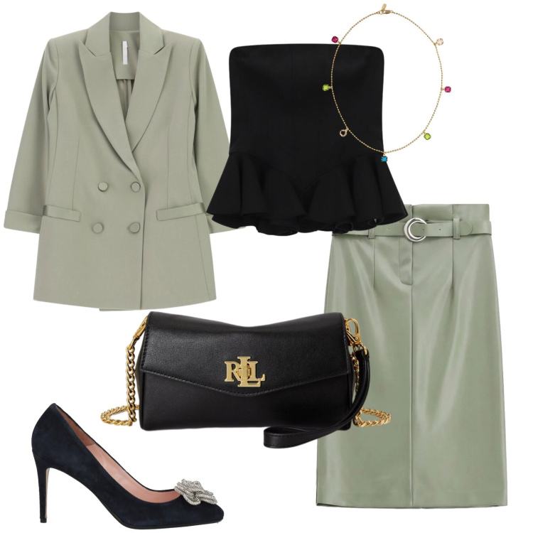 Outfit donna - Invitata ad un matrimonio civile. Stile Chic per Cerimonia. Abbinamento con décolleté, gonne longuette, blazer, top, portafogli, collane.