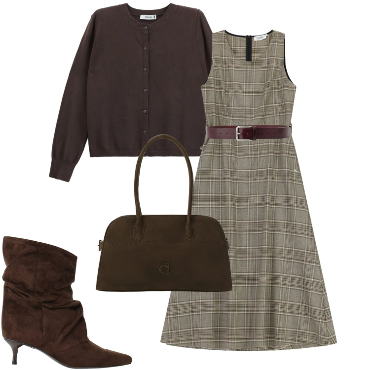 Outfit donna - Please FW 26. Stile Bon Ton per Ufficio. Abbinamento con stivali, cardigans, vestiti midi/longuette, borse a spalla, cinture.