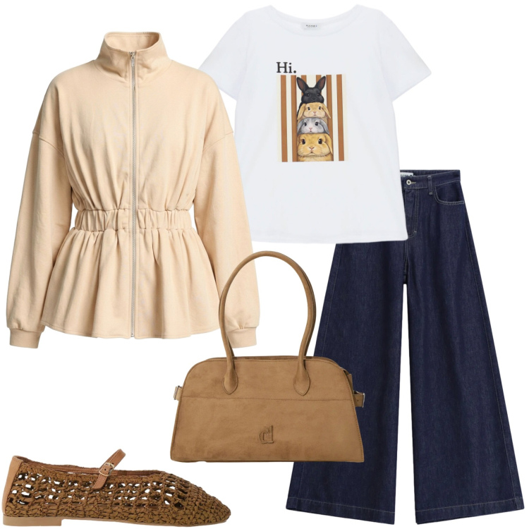 Outfit donna - Please FW 26. Stile Casual chic per Tutti i giorni. Abbinamento con jeans, felpe, t-shirt, borse a spalla, ballerine.
