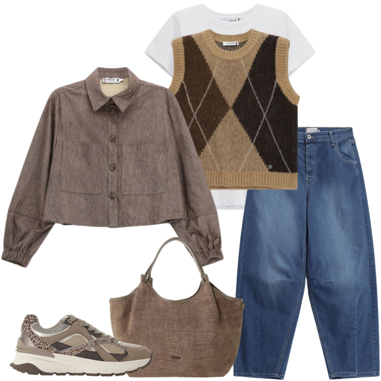 Outfit donna - Please FW 26. Stile Casual chic per Scuola/Università. Abbinamento con sneakers, maglieria, jeans, cappotti, t-shirt, borse a spalla.