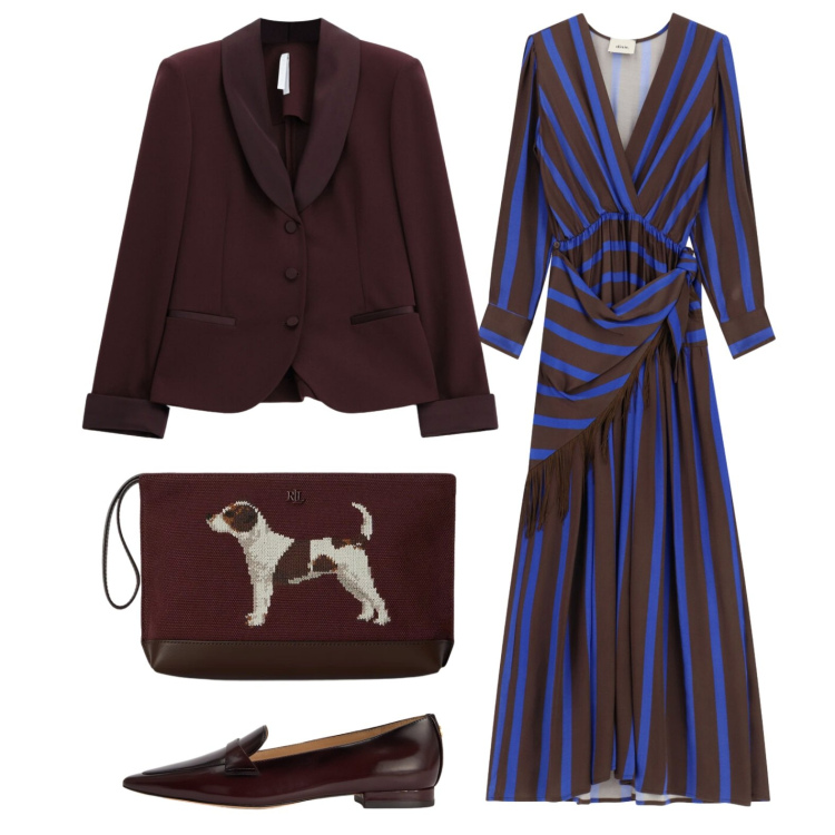 Outfit donna - Abito rigato con foulard. Stile Trendy per Serata fuori. Abbinamento con blazer, vestiti lunghi, pochette, mocassini.
