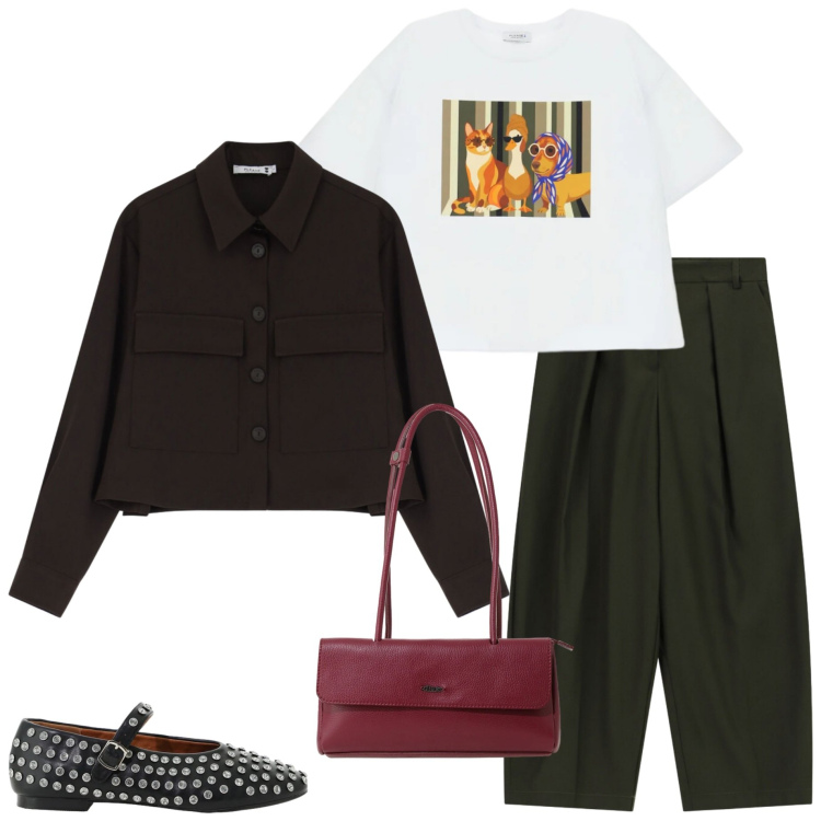 Outfit donna - Please FW 26. Stile Casual chic per Tutti i giorni. Abbinamento con cappotti, pantaloni, t-shirt, ballerine, borse a spalla.