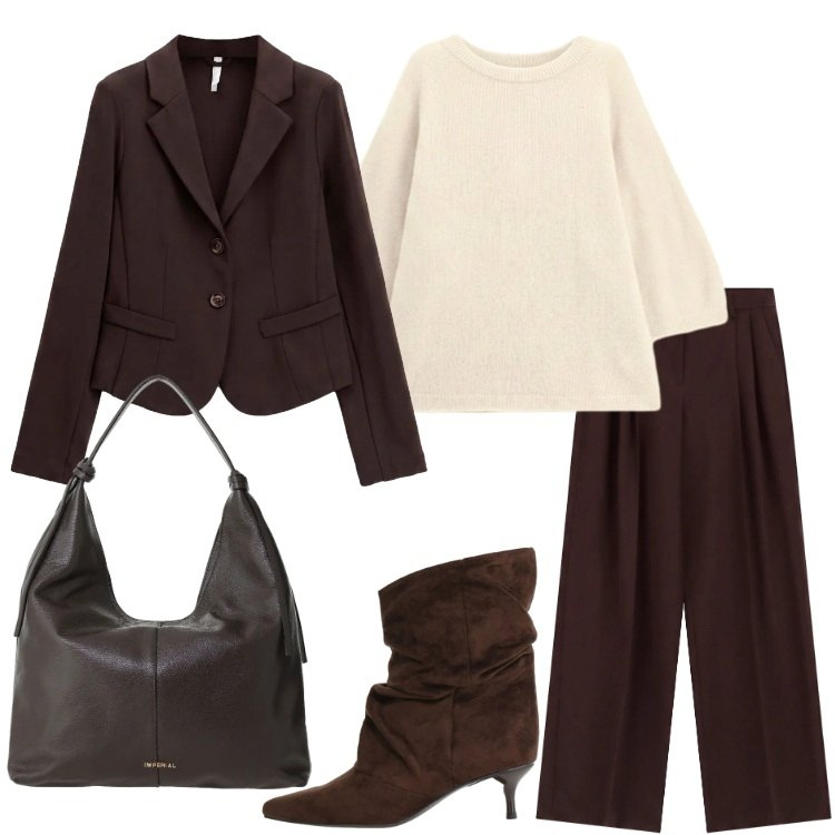 Outfit donna - We Are Back. Stile Casual chic per Ufficio. Abbinamento con blazer, pantaloni a palazzo, borse a spalla, stivali, maglieria.