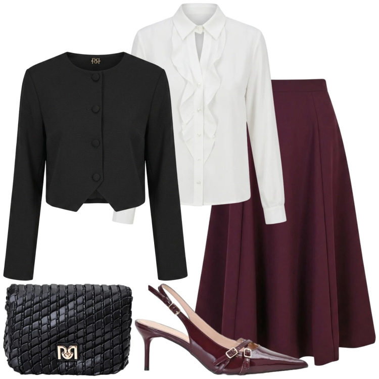 Outfit donna - Total look in Rinascimento. Stile Chic per Ufficio. Abbinamento con gonne lunghe, borse a tracolla, décolleté, blazer, camicie.