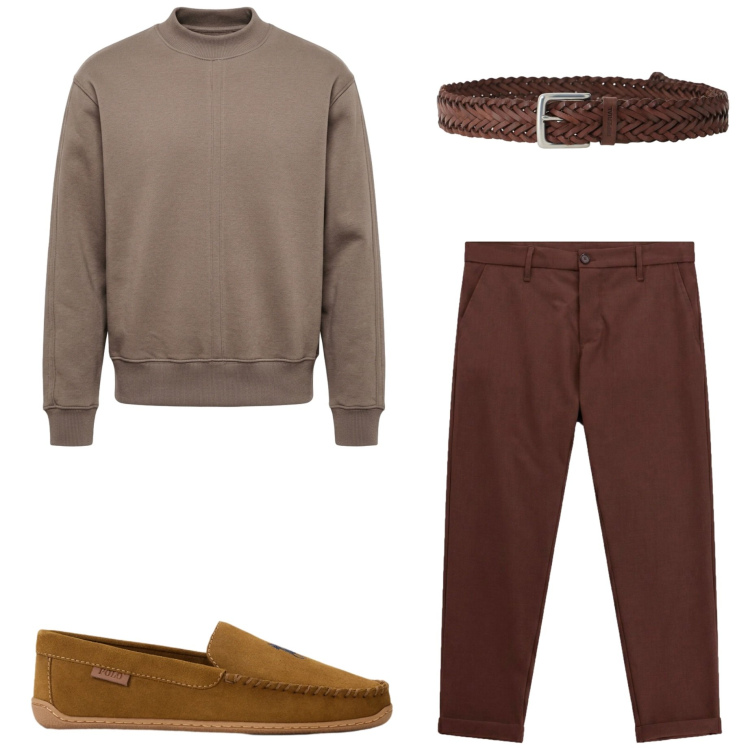 Outfit uomo - Look autunnale. Stile Casual per Tutti i giorni. Abbinamento con felpe, cinture, pantaloni, scarpe stringate.