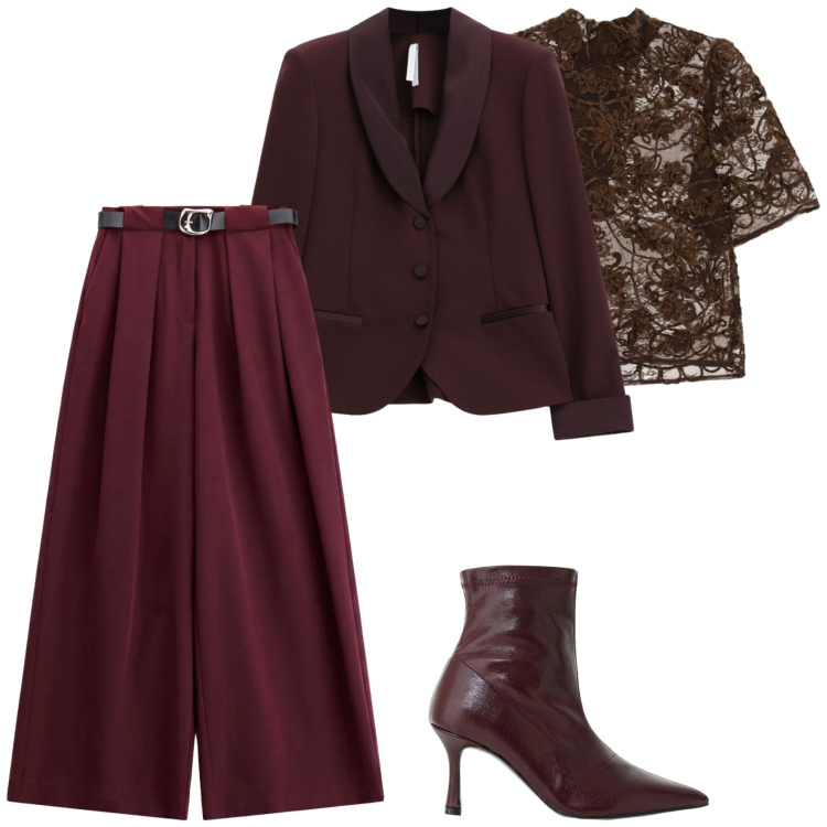 Outfit donna - We are back. Stile Chic per Serata fuori. Abbinamento con pantaloni a palazzo, top, blazer, stivaletti.