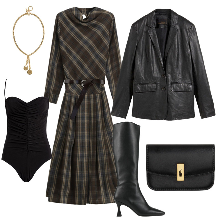 Outfit donna - Abito tartan e blazer in pelle. Stile Trendy per Tutti i giorni. Abbinamento con stivali, body, blazer, vestiti asimmetrici, portafogli, ciondoli.
