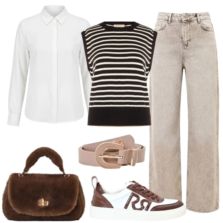 Outfit donna - Outfit Rinascimento per l\'università!. Stile Casual chic per Scuola/Università. Abbinamento con maglieria, camicie, cinture, borse a mano, sneakers, jeans dritti.