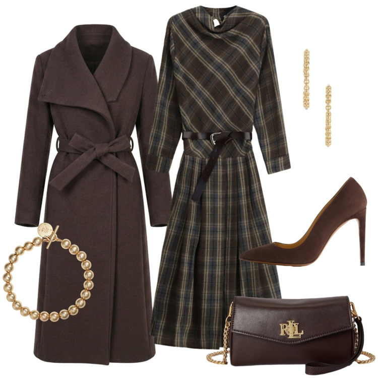 Outfit donna - L\'intramontabile cappotto con cintura. Stile Chic per Serata fuori. Abbinamento con vestiti asimmetrici, cappotti, braccialetti, décolleté, portafogli, orecchini.