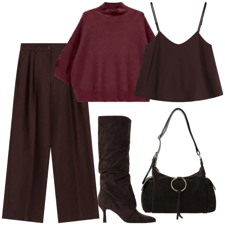 Outfit donna - We are back. Stile Urban per Ufficio. Abbinamento con maglieria, pantaloni a palazzo, top, borse a spalla, stivali.