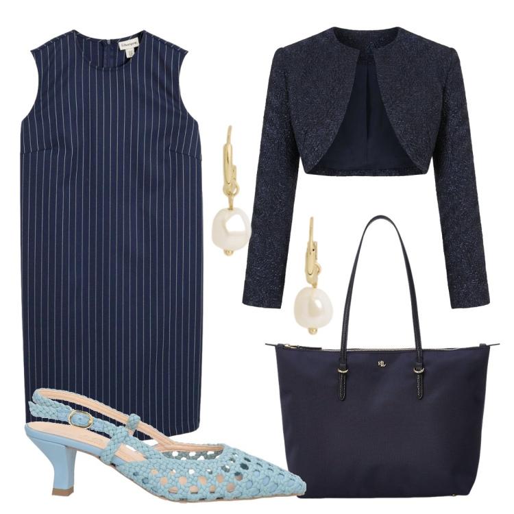 Outfit donna - Settembre. Stile Casual chic per Ufficio. Abbinamento con décolleté, vestiti corti, bolero, borse tote, orecchini.