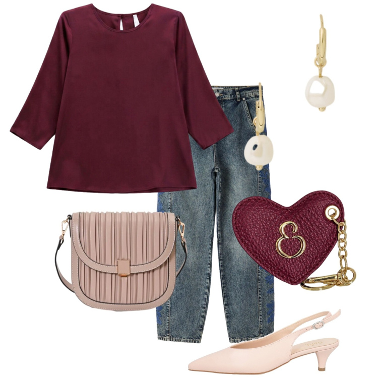 Outfit donna - Reggio in centro. Stile Casual chic per Serata fuori. Abbinamento con décolleté, jeans, borse a tracolla, bluse, orecchini, portachiavi.