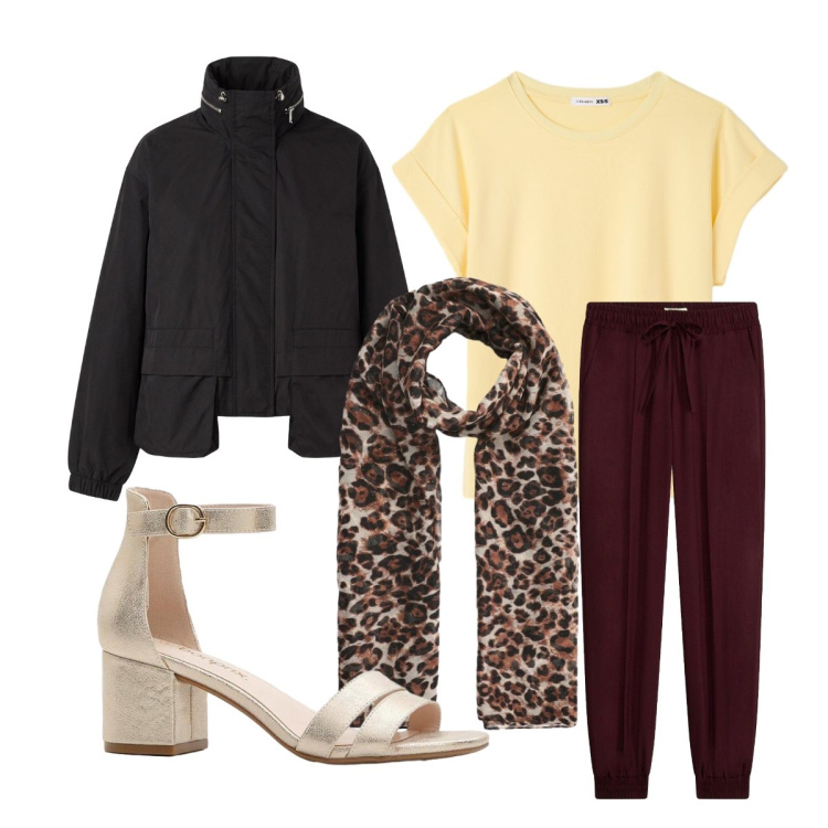 Outfit donna - La sera serve il bomber. Stile Casual chic per Serata fuori. Abbinamento con sandali col tacco, pantaloni, foulard, bomber, t-shirt.