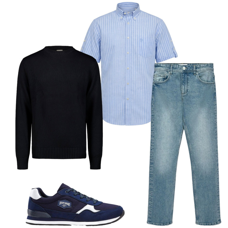 Outfit uomo - Total look #2475278. Stile Casual per Tutti i giorni. Abbinamento con camicie a manica corta, maglieria, jeans dritti, sneakers.