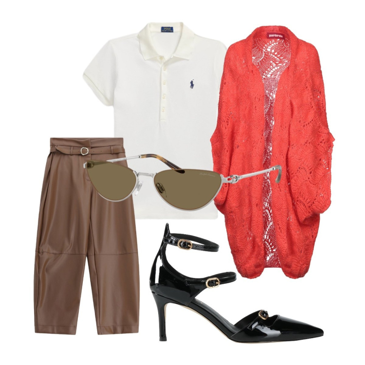 Outfit donna - Giornate di fine estate. Stile Urban per Ufficio. Abbinamento con cardigans, décolleté, pantaloni, occhiali da sole, polo.