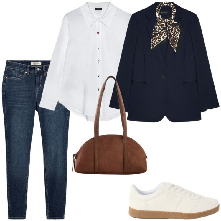Outfit donna - Total look #2475281. Stile Casual per Ufficio. Abbinamento con jeans skinny, borse a tracolla, sneakers, foulard, camicie, blazer.