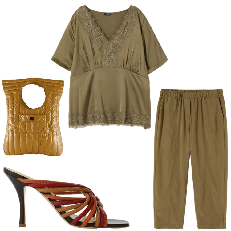 Outfit donna - Total look #2475282. Stile Casual chic per Tutti i giorni. Abbinamento con sandali col tacco, borse a mano, bluse, pantaloni.