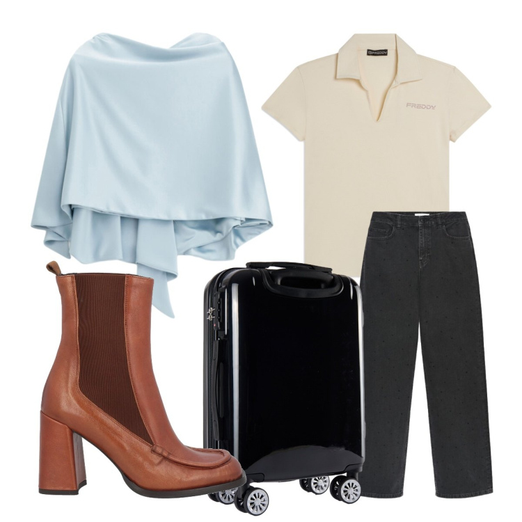 Outfit donna - Oggi mi vesto così. Stile Casual chic per Tutti i giorni. Abbinamento con stivaletti chelsea, jeans, scialli, t-shirt, valigie.