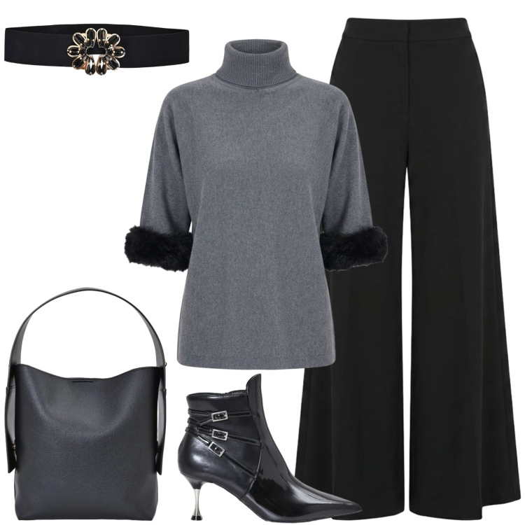 Outfit donna - Nero e grigio in Rinascimento. Stile Casual chic per Ufficio. Abbinamento con borse a spalla, cinture, stivaletti, pantaloni, maglieria.