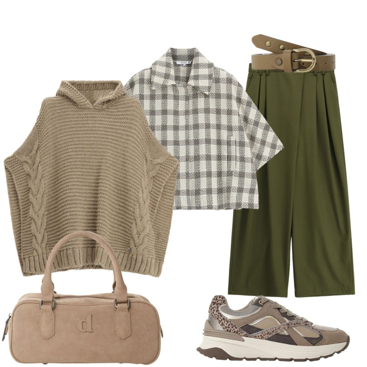 Outfit donna - Avvolgente autunno. Stile Casual chic per Tutti i giorni. Abbinamento con sneakers, pantaloni a palazzo, cappotti, maglieria, borse a mano, cinture.