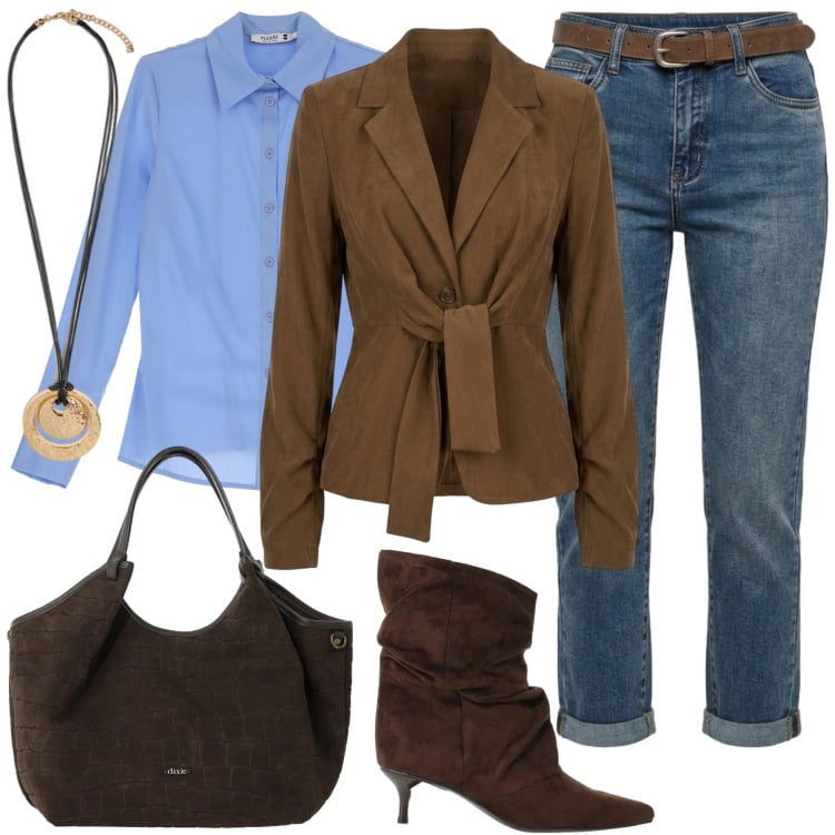 Outfit donna - Welcome autumn. Stile Casual chic per Tutti i giorni. Abbinamento con stivali, camicie, borse a spalla, ciondoli, jeans dritti, blazer.