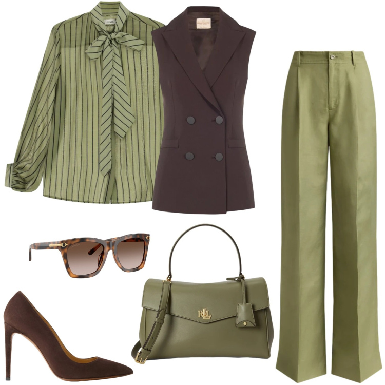 Outfit donna - Total look #2475306. Stile Chic per Tutti i giorni. Abbinamento con camicie, gilet, occhiali da sole, borse a mano, pantaloni, décolleté.