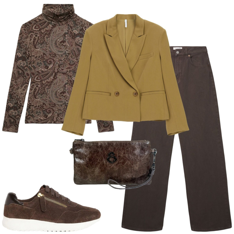 Outfit donna - City. Stile Casual chic per Tutti i giorni. Abbinamento con sneakers, jeans, t-shirt, blazer, pochette.