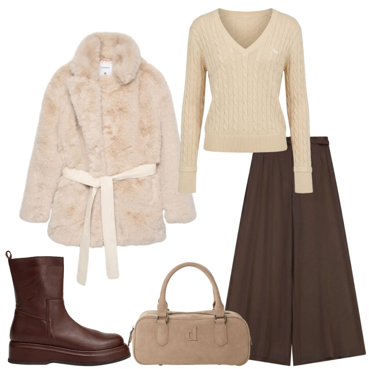 Outfit donna - Total look #2475308. Stile Casual chic per Tutti i giorni. Abbinamento con stivaletti, pullovers, cappotti, pantaloni a palazzo, borse a mano.