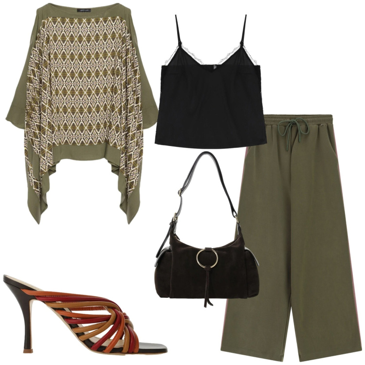 Outfit donna - Total look #2475309. Stile Chic per Serata fuori. Abbinamento con top, borse a spalla, pantaloni a palazzo, sandali col tacco, bluse.