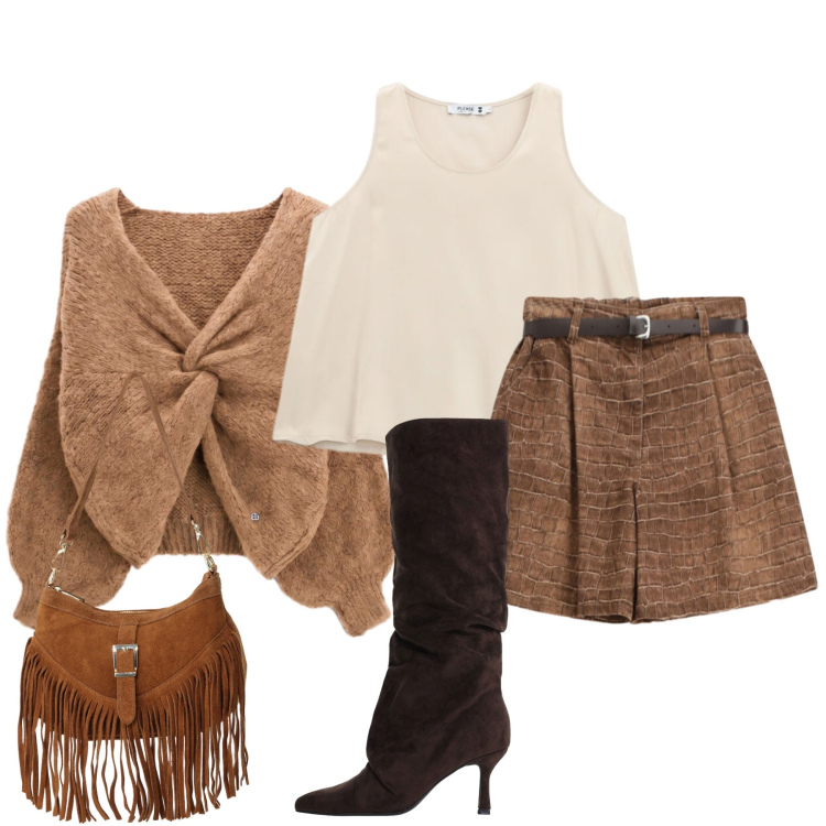 Outfit donna - Stile boho-chic. Stile Boho per Tutti i giorni. Abbinamento con stivali, borse a spalla, maglieria, bermuda, top.
