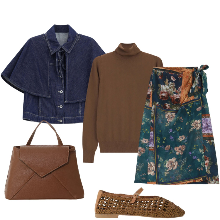 Outfit donna - Il mio look in terracotta e denim. Stile Glamour per Tutti i giorni. Abbinamento con borse a mano, gonne longuette, pullovers, blazer, ballerine.