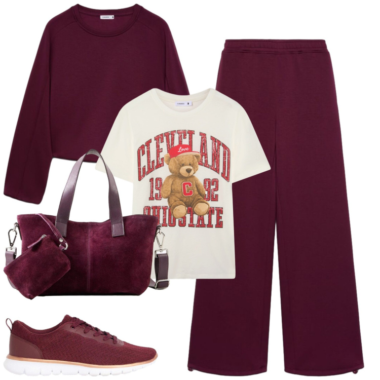 Outfit donna - Plum. Stile Casual per Tutti i giorni. Abbinamento con sneakers, borse a mano, pantaloni, t-shirt, felpe.