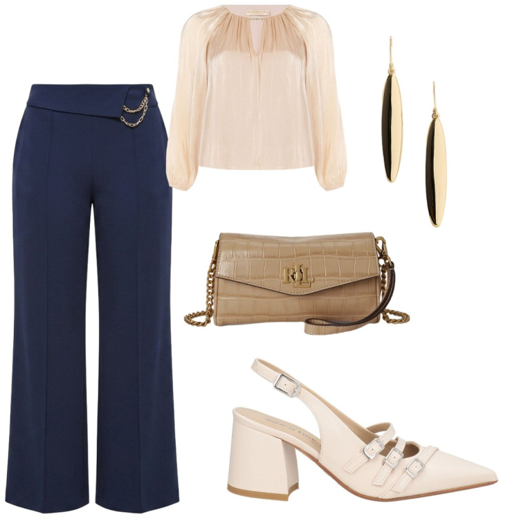 Outfit donna - Outfit pomeridiano. Stile Casual per Tutti i giorni. Abbinamento con décolleté, bluse, pantaloni a palazzo, portafogli, orecchini.