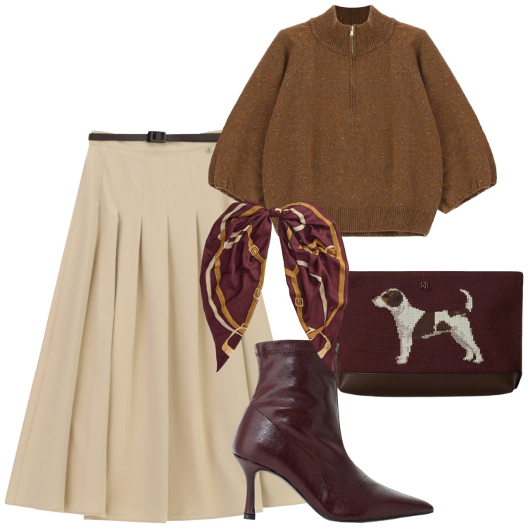 Outfit donna - Sfumature cammello e cuoccolato. Stile Chic per Ufficio. Abbinamento con stivaletti, gonne lunghe, maglieria, pochette, foulard.