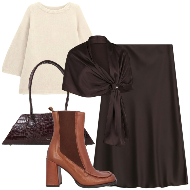 Outfit donna - Sfumature cammello e cioccolato. Stile Chic per Ufficio. Abbinamento con stivaletti chelsea, maglieria, gonne longuette, borse a spalla, stole.
