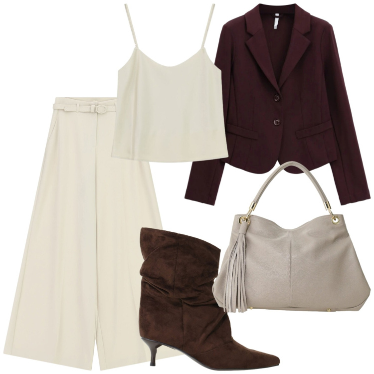 Outfit donna - We are back. Stile Chic per Ufficio. Abbinamento con pantaloni a palazzo, blazer, top, borse a spalla, stivali.