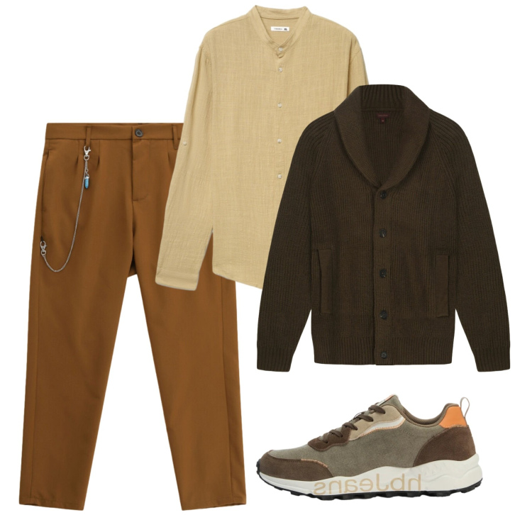 Outfit uomo - Fine settembre. Stile Casual per Tutti i giorni. Abbinamento con sneakers, pantaloni, cardigans, camicie.
