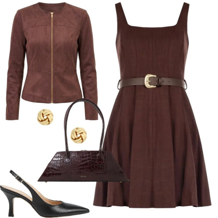 Outfit donna - Casual sofisticato. Stile Chic per Serata fuori. Abbinamento con décolleté, borse a spalla, vestiti corti, blazer, orecchini.