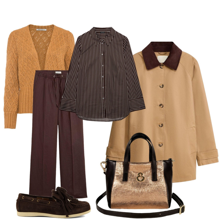 Outfit donna - Trench capo indispensabile in autunno. Stile Casual chic per Tutti i giorni. Abbinamento con trench, pantaloni, cardigans, camicie, borse a mano, mocassini.