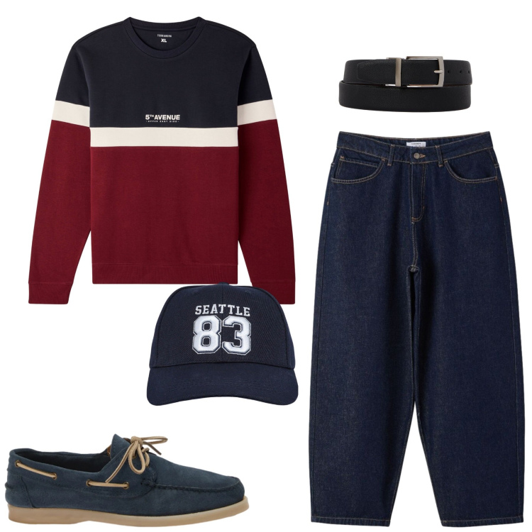 Outfit uomo - City. Stile Casual per Tutti i giorni. Abbinamento con scarpe stringate, cinture, cappelli con visiera, felpe, jeans.