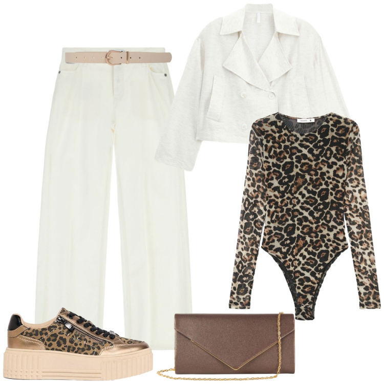 Outfit donna - Total look #2475339. Stile Casual per Tutti i giorni. Abbinamento con sneakers, t-shirt, cinture, blazer, pantaloni, clutch.