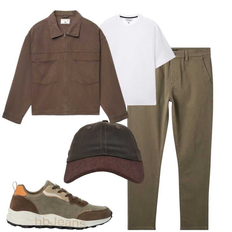 Outfit uomo - Fall. Stile Casual per Tutti i giorni. Abbinamento con sneakers, pantaloni chino, cappotti, t-shirt, cappelli con visiera.