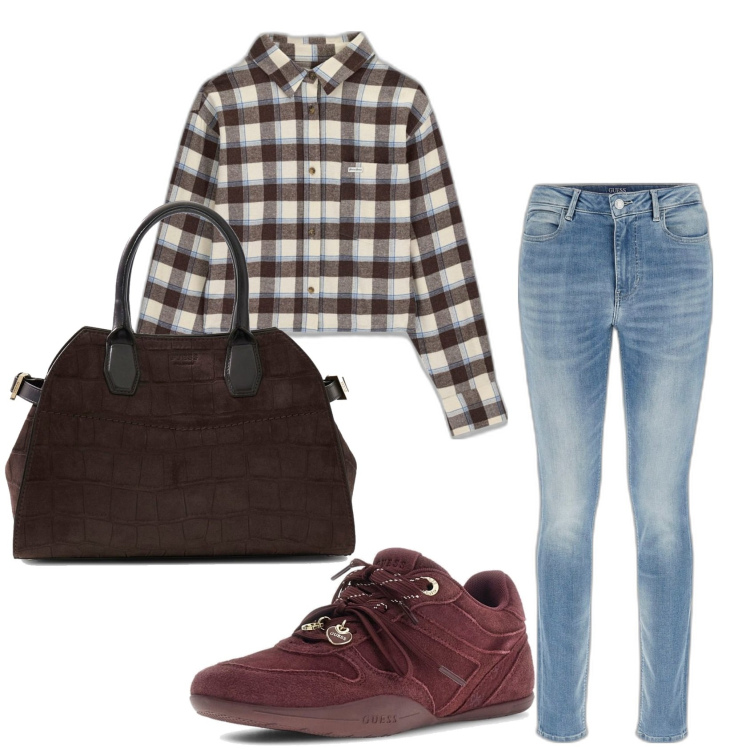 Outfit mujer - Casual. Estilo Casual para Todos los días. Combinación con camisas, sneakers, vaqueros pitillo, maletines.