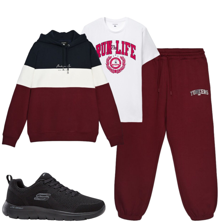 Outfit uomo - City. Stile Casual per Tutti i giorni. Abbinamento con t-shirt, pantaloni, felpe con cappuccio, sneakers.