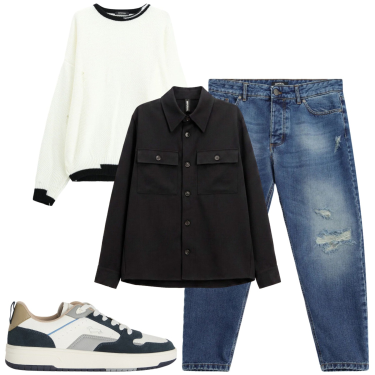 Outfit uomo - Settembre. Stile Casual per Tutti i giorni. Abbinamento con sneakers, maglieria, jeans strappati, cappotti.